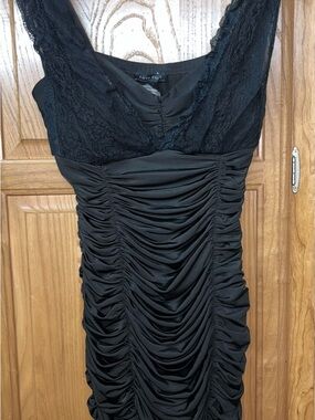 Love Culture Black Ruched Lace-Trim Midi Dress